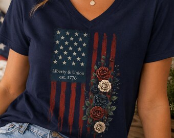 Vintage American Flag Shirt, Patriotic Floral Tee, Liberty Union 1776 Tshirt, USA Independence Day Gift, Fourth of July V Neck