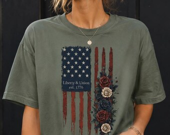 Vintage Patriotic Floral Tee, Distressed USA Flag Shirt, Retro Freedom Graphic Top, Fourth of July Outfit