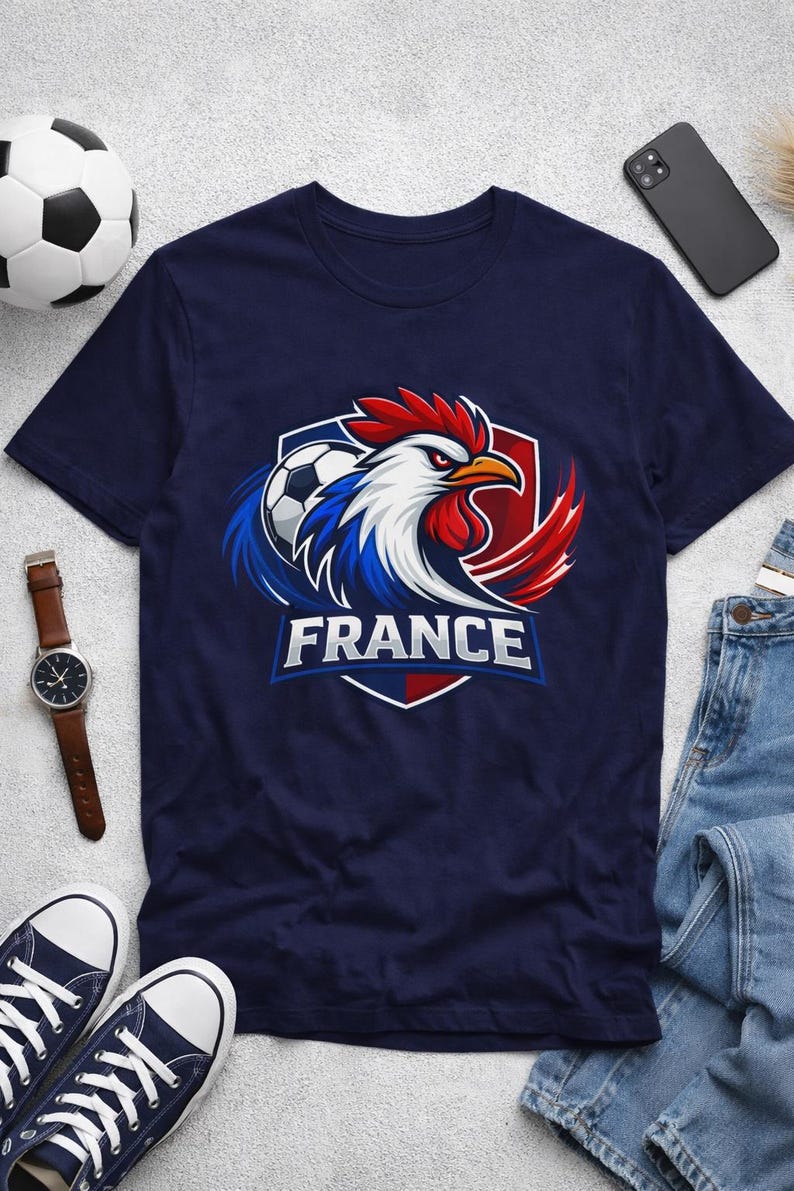 May include: Navy blue t-shirt featuring a rooster design with the word "FRANCE" in white. The rooster is in the colors of the French flag, with a soccer ball. A watch, phone, shoes, and jeans are also in the image.