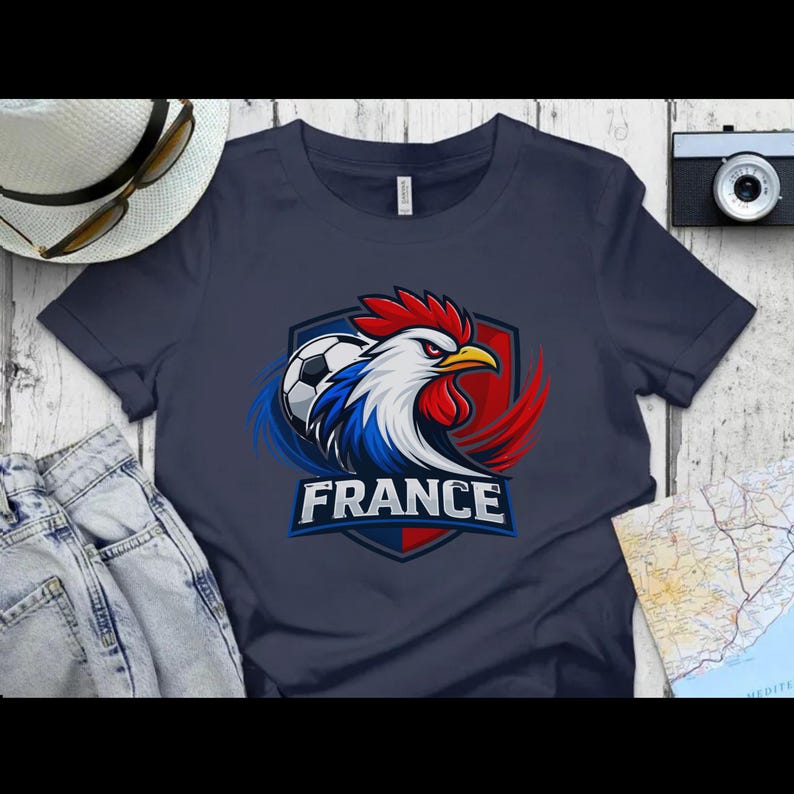 Może przedstawiać: Granatowa koszulka z grafiką koguta i piłki nożnej, z napisem "FRANCE". Kogut jest czerwono-biało-niebieski, z ż&oacute;łtym dziobem. Projekt znajduje się na tle w kształcie tarczy.