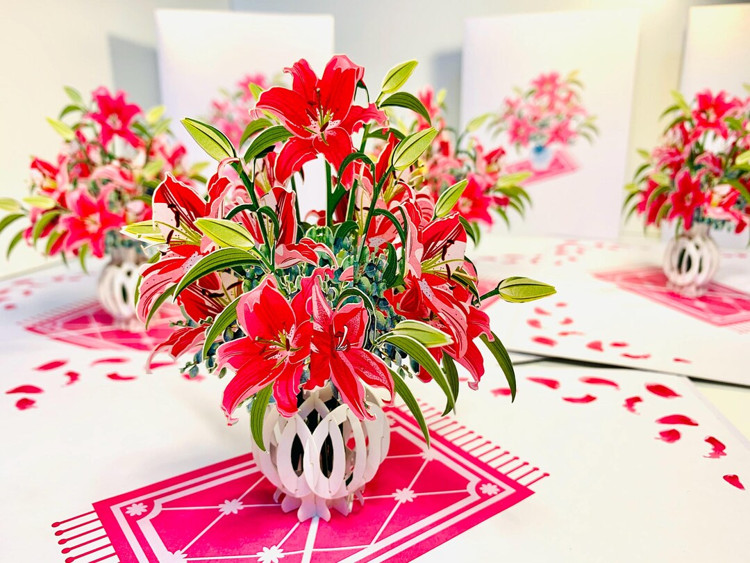 Lush Pink Oriental Lilies in a Vase Happy Birthday 3D Pop up Greeting ...