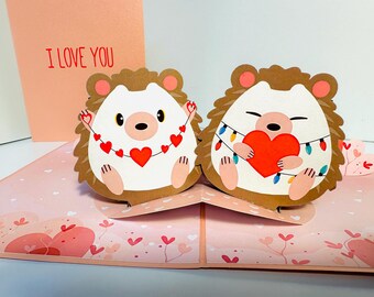 Happy Valentine's Day Adorable Hedgehog Couple 3D Pop Up Greeting Card Origami Pop Cards Handmade Romantic Dating Sweet Together Romantic