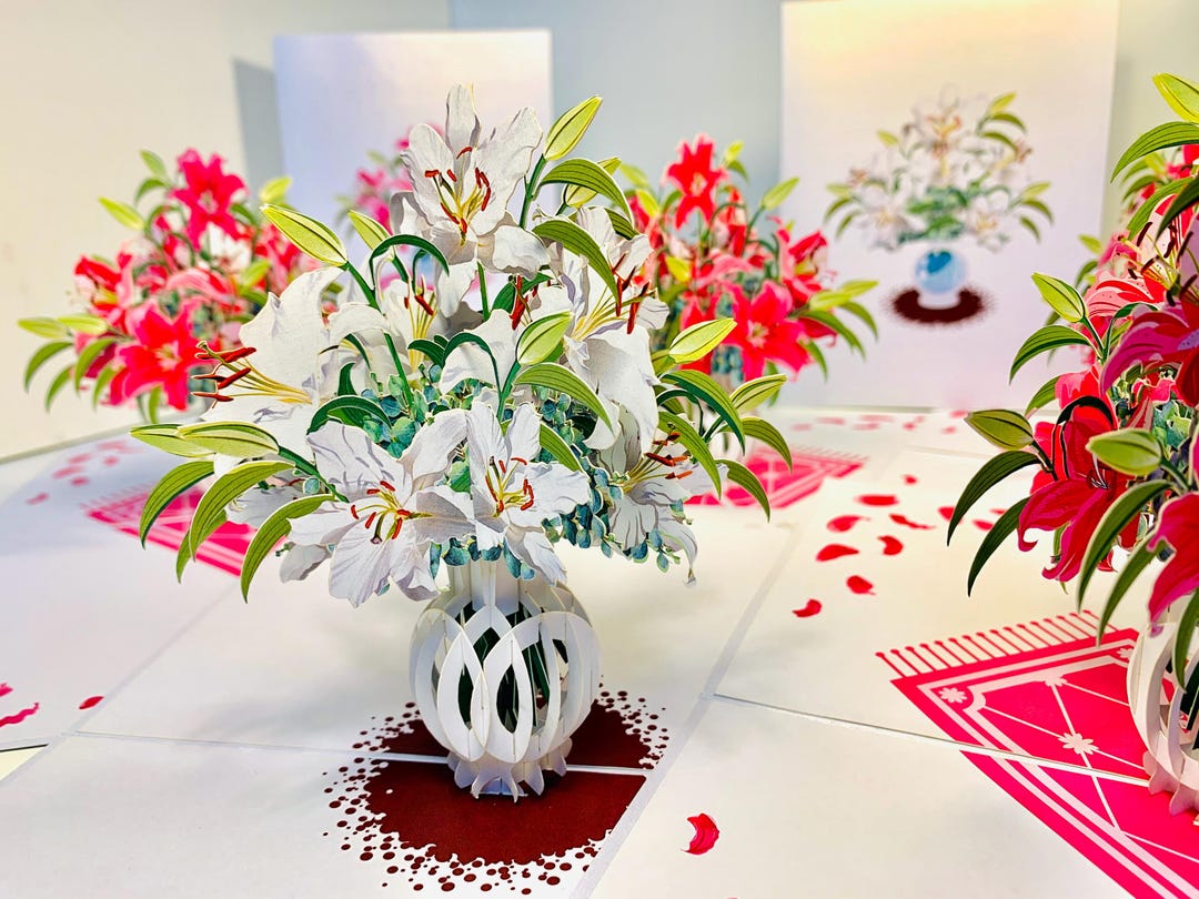 Lush White Oriental Lilies in a Vase Happy Birthday 3D Pop up Greeting ...