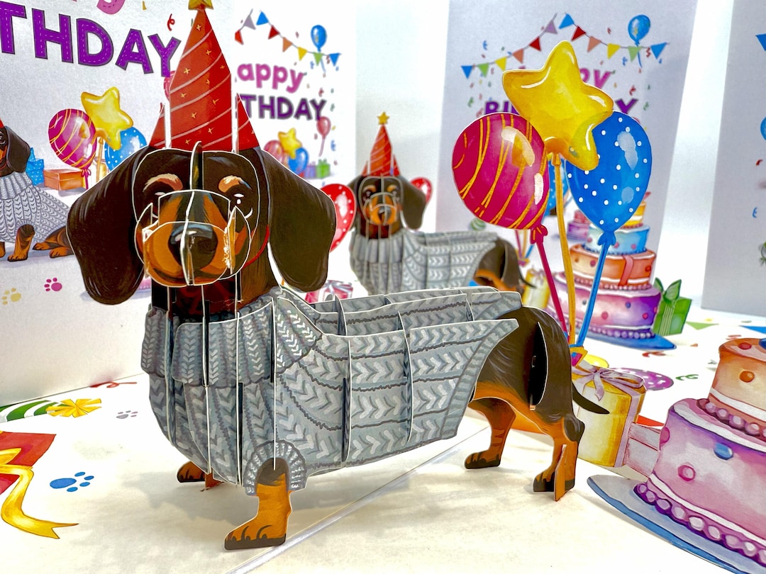 Dachshund Sausage Dog Happy Birthday 3D Pop up Greeting Card Fun Doggie ...