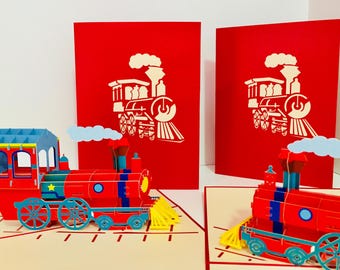 Tarjeta de felicitación 3D desplegable con diseño de locomotora roja súper linda - Ideal para tarjetas de origami - Regalo hecho a mano - ¡Feliz cumpleaños, niño recién nacido!