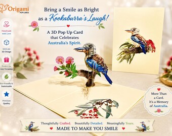 Śmiejąca się kukabura australijska ptaszka „Wszystkiego najlepszego z okazji urodzin” – kartka z życzeniami typu pop-up 3D – kartki origami pop, myślące o Tobie, ręcznie robione, najlepsze życzenia na Dzień Matki