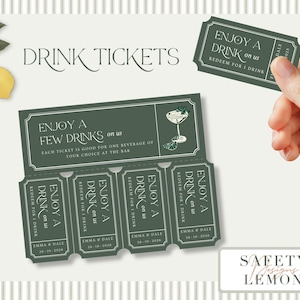 Puede incluir: Tickets de bebida verdes con el texto "ENJOY A FEW DRINKS on us". Cada ticket es válido por una bebida. El diseño incluye una ilustración de cóctel y el texto "DRINK TICKETS".