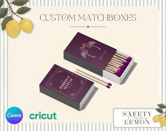 Könnte beinhalten: Individuelle Streichholzschachteln mit tiefviolettem Design. Eine Schachtel ist geöffnet und zeigt Holzstreichhölzer mit violetten Spitzen. Auf der geschlossenen Schachtel steht "Perfect Match". Das Bild enthält den Text "Custom Matchboxes" und ein Flamingomotiv.