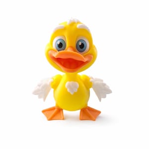 May include: A yellow duck figurine with a bright orange beak and feet. The duck has large blue eyes, white tufts of feathers on its head and chest, and white wings extending from its sides. The figure stands upright on two orange webbed feet.