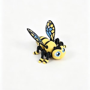 May include: A small, stylised bee figurine featuring a yellow and black striped body, black legs, and two upright wings with blue and yellow patterned sections. The bee has a rounded head with large, expressive blue eyes and a small black nose.