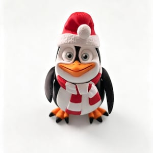 May include: A small penguin figurine featuring a black and white body, orange feet, and an orange beak. The penguin wears a red and white Santa hat with a pom-pom and a matching red and white striped scarf around its neck, standing upright.