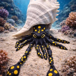 Schattige gelede inktvis met schelp – 3D-geprint flexibel fidgetspeelgoed – aanpasbaar oceaanschepsel bureaudecoratie cadeau voor zeeliefhebbers