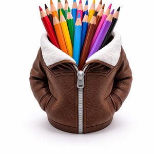 Peut inclure: Un pot à crayons marron en forme de veste, rempli de crayons de couleur. La veste a un col en fausse fourrure blanche et une fermeture éclair argentée. Les crayons sont disposés pour montrer leurs pointes colorées.