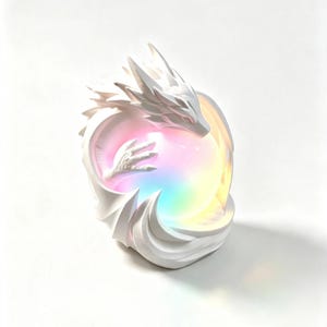 May include: A white dragon sculpture with sharp, angular features cradling a glowing, translucent sphere that emits a vibrant, multi-colored rainbow light. The dragon's body curves around the orb, showcasing detailed scales and pointed crests.