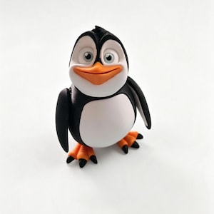 May include: A small penguin figurine with a black and white body, a bright orange beak, and orange feet with black claws. The penguin has large, expressive eyes and a smiling expression, standing upright on a plain, neutral white background.