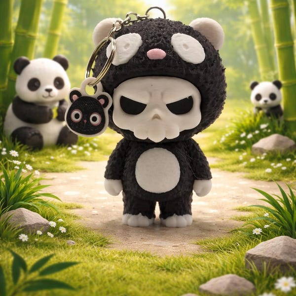 Skull Face Panda Keychain Babuu Collectible 3D Printed Labubu Inspired Cute Creepy Panda Charm Goth Bag Accessory Gift