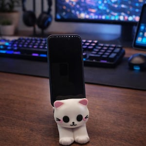 Porta telefono a forma di gatto perfetto – accessorio da scrivania stampato in 3D – statuina di gatto carina e personalizzabile – divertente regalo da collezione per gli amanti dei gatti