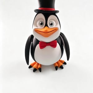 May include: A penguin figurine featuring a black and white body, wearing a black top hat with a red band and a red bowtie. The penguin has an orange beak and orange feet with black claws, and large eyes with light blue irises looking forward.
