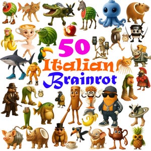 May include: A digital collage featuring numerous surreal cartoon characters, including a watermelon giraffe, a cat-fish hybrid, a skeleton holding phones, and a central text graphic that reads 50 Italian Brainrot in pink, orange, and blue.