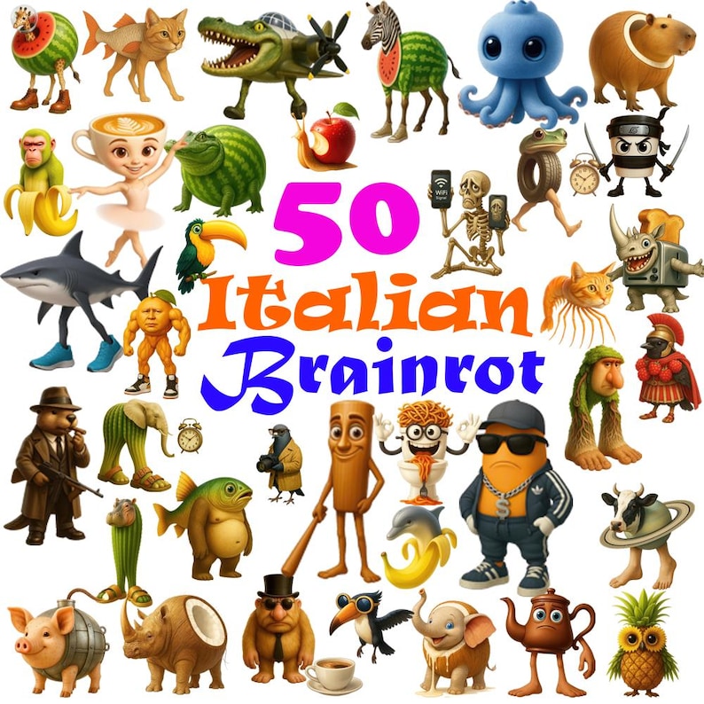 May include: A digital collage featuring numerous surreal cartoon characters, including a watermelon giraffe, a cat-fish hybrid, a skeleton holding phones, and a central text graphic that reads 50 Italian Brainrot in pink, orange, and blue.