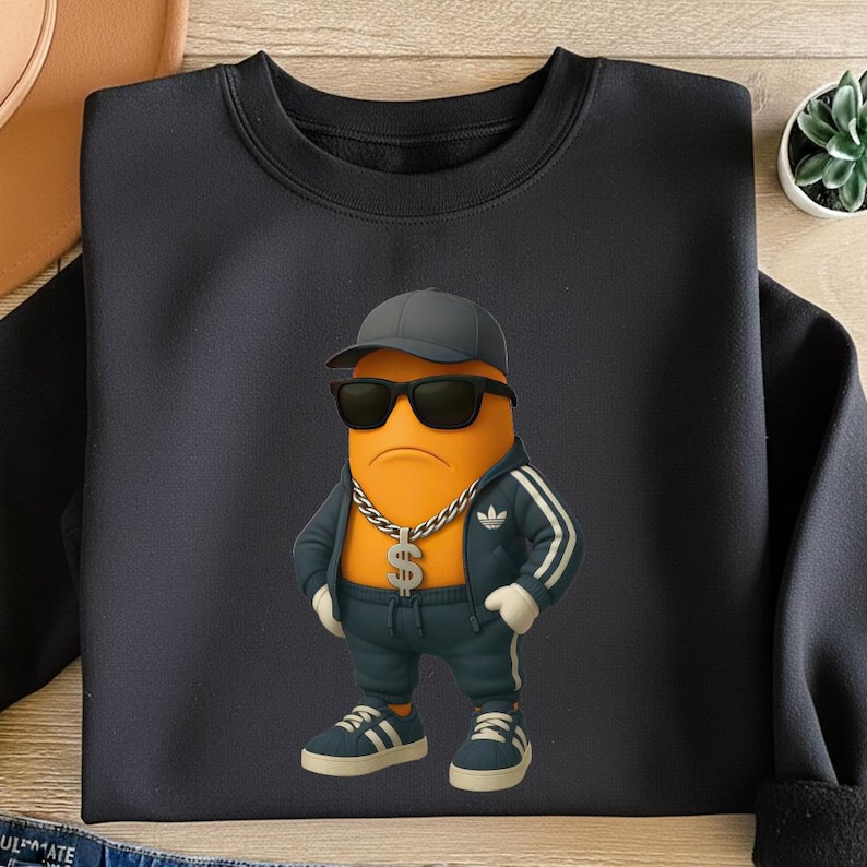 May include: A black crewneck sweatshirt featuring a graphic of an orange character wearing a dark grey baseball cap, black sunglasses, a silver chain with a dollar sign pendant, a dark blue track jacket with white stripes, and matching sneakers.