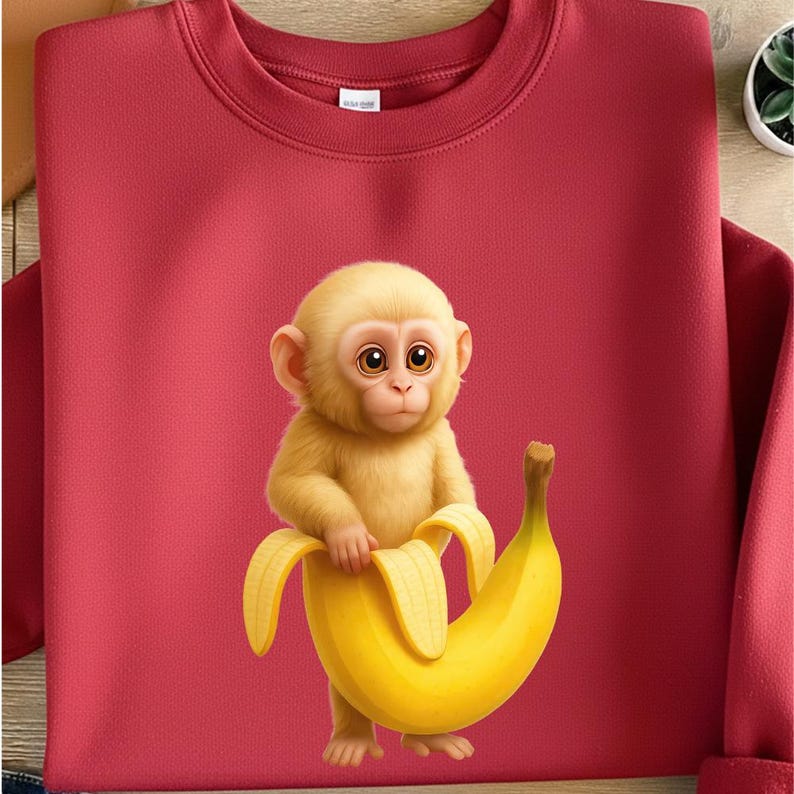 May include: A solid red crewneck sweatshirt featuring a central graphic of a small, light-colored monkey with large brown eyes. The monkey is positioned inside a large, bright yellow banana peel that curves upward, creating a playful and colorful visual.