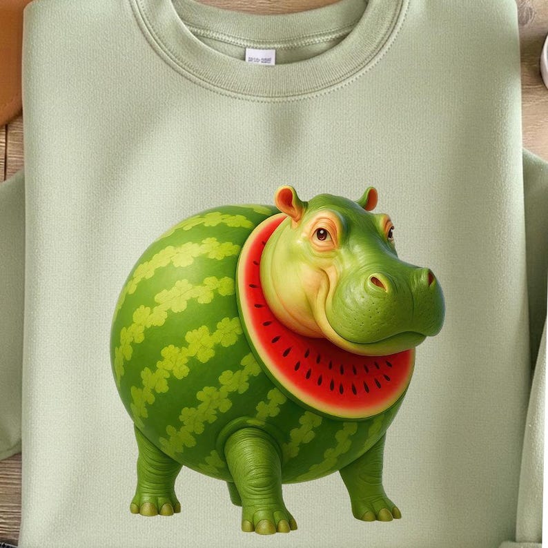 May include: A light sage green sweatshirt featuring a graphic of a hippopotamus with a round, green-striped watermelon body. The hippo has a green head and a red, seed-flecked watermelon slice collar around its neck, standing on four legs.
