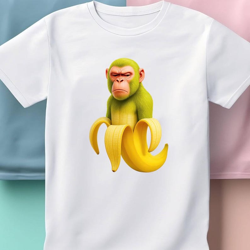 May include: A white short-sleeved t-shirt featuring a graphic print of a green monkey emerging from a peeled yellow banana. The monkey has a serious facial expression, and the banana peel is depicted with realistic texture and curved segments.