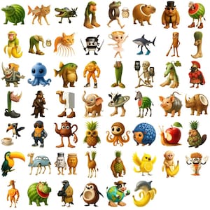 May include: A collection of sixty-one surreal character illustrations featuring hybrid creatures, anthropomorphic animals, and objects combined with food, including a watermelon alligator, a banana monkey, and a pineapple owl, all on a white background.