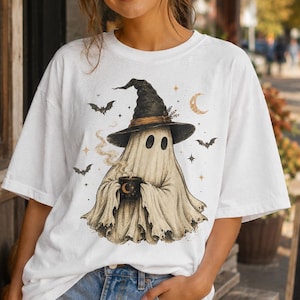 Ghost Witch Shirt, Halloween Coffee Tee, Cozy Fall Graphic T-Shirt