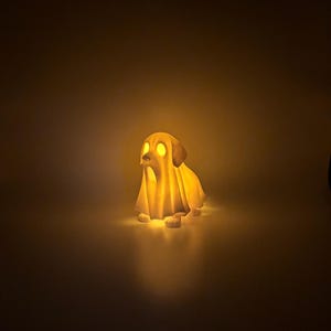 May include: A glowing, dog-shaped Halloween decoration. The figure is covered in a white sheet, with glowing yellow eyes and a warm, inviting light emanating from within. The dog is in a sitting position.