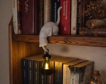 Cat with Lantern Shelf Decor – 3D Printed Cat Figurine with LED Tealight Bookshelf Decor Cat – Gift for Cat Lovers Night Light Edge