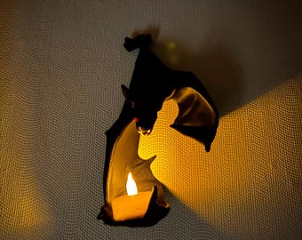 Bat wall decoration with LED tea light – Gothic candle holder wall – Black bat decoration 3D printed tea light holder – Halloween wall decoration