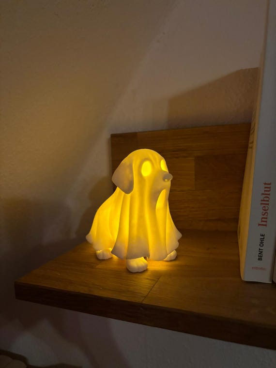 Leuchtender Geisterhund Nachtlicht & Deko-Leuchte – 3D gedruckte Halloween Deko mit batteriebetriebenem LED Teelicht – Hund Lampe