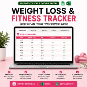 Könnte beinhalten: Eine digitale Gewichtsverlust- und Fitness-Tracker-Tabelle für Microsoft Excel und Google Sheets auf einem Laptop-Bildschirm. Die Benutzeroberfläche zeigt ein Fitness-Dashboard mit Spalten für Datum, Gewicht in Pfund, BMI, Veränderung und Gesamtverlust.