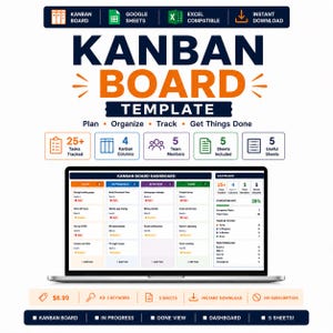 Könnte beinhalten: Eine digitale Kanban-Board-Vorlage auf einem Laptop-Bildschirm mit Spalten für Aufgaben, in Bearbeitung, in Überprüfung und erledigt. Das Dashboard enthält eine Aufgabenverfolgung, Teammitgliederverwaltung und Projektfortschrittsanzeigen.