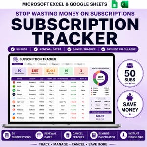 Könnte beinhalten: Eine digitale Abonnement-Tracker-Vorlage für Microsoft Excel und Google Sheets auf einem Laptop-Bildschirm. Die Benutzeroberfläche zeigt ein Dashboard mit der Gesamtzahl der Abonnements, monatlichen Kosten, Verlängerungsdaten und einem Sparrechner.
