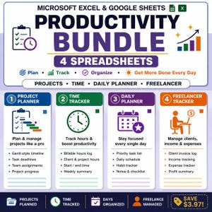 Könnte beinhalten: Ein digitales Produktivitäts-Bundle für Microsoft Excel und Google Sheets mit vier Tabellenkalkulationen: Project Planner, Time Tracker, Daily Planner und Freelancer Tracker. Die Grafik enthält Symbole, Textbeschreibungen und Funktionslisten für jedes Tool.