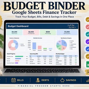 Könnte beinhalten: Ein digitaler Budget Binder Google Sheets Finanz-Tracker auf einem Laptop-Bildschirm. Das Dashboard zeigt Diagramme sowie Daten zu Einnahmen, Ausgaben und Ersparnissen. Text: Budget Binder, 8 Sheets Included, Financial Freedom Starts Here.