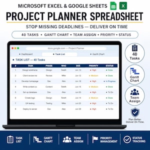 Könnte beinhalten: Eine digitale Projektplanungs-Tabelle für Microsoft Excel und Google Sheets auf einem Laptop-Bildschirm. Die Benutzeroberfläche zeigt eine Aufgabenliste mit Spalten für Aufgabe, Phase, Verantwortliche, Fälligkeitsdatum, Priorität und Status sowie Symbole für 40 Aufgaben, Gantt-Diagramm und Teamzuweisung.