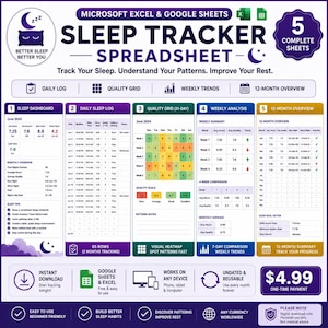 Könnte beinhalten: Eine digitale Schlaf-Tracker-Tabelle für Microsoft Excel und Google Sheets mit fünf vollständigen Blättern. Das Layout umfasst ein Schlaf-Dashboard, ein tägliches Protokoll, ein Qualitätsraster, eine Wochenanalyse und eine 12-Monats-Übersicht.