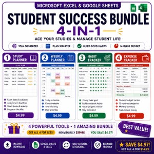 Könnte beinhalten: Ein digitales Student Success Bundle für Microsoft Excel und Google Sheets mit vier Werkzeugen: Studienplaner, Wochenplaner, Gewohnheitstracker und Ausgabentracker. Die Grafik enthält Textbeschriftungen, Symbole und Beispieldaten.