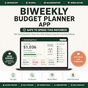 Könnte beinhalten: Eine digitale Benutzeroberfläche für eine zweiwöchentliche Budgetplaner-App auf einem Laptop-Bildschirm. Das Dashboard zeigt einen verfügbaren Betrag von 1.036 $, einen Gehalts-Countdown von 5 Tagen, eine Rechnungsliste sowie Einkommens- und Sparsummen.