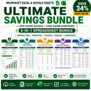 Könnte beinhalten: Ein 5-in-1 digitales Tabellenkalkulationspaket für Microsoft Excel und Google Sheets mit dem Titel Ultimate Savings Bundle. Es enthält Tracker für Notfallfonds, Rücklagen, eine 52-Wochen-Spar-Challenge, Umschläge und Abonnements.