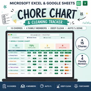 Könnte beinhalten: Ein digitaler Aufgabenplaner und Reinigungs-Tracker für Microsoft Excel und Google Sheets auf einem Laptop-Bildschirm. Die Benutzeroberfläche zeigt eine wöchentliche Liste für 15 Aufgaben und 4 Familienmitglieder mit Fortschrittsbalken und Status.