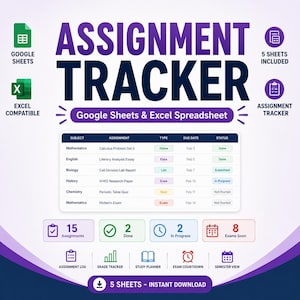 Könnte beinhalten: Eine digitale Aufgaben-Tracker-Tabelle für Google Sheets und Excel. Die Grafik zeigt eine Tabelle mit Spalten für Fach, Aufgabe, Typ, Fälligkeitsdatum und Status. Sie enthält Symbole für Aufgabenprotokoll, Noten-Tracker, Studienplaner, Examens-Countdown und Semesteransicht, mit 5 enthaltenen Tabellenblättern.