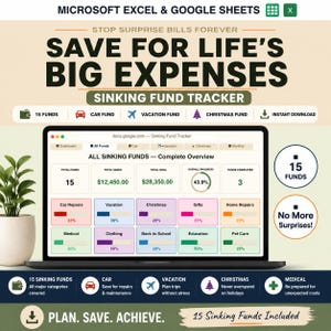 Könnte beinhalten: Ein digitaler Sinking-Fund-Tracker für Microsoft Excel und Google Sheets auf einem Laptop-Bildschirm. Die Benutzeroberfläche zeigt eine vollständige Übersicht von 15 Fonds, einschließlich Kategorien wie Auto, Urlaub und medizinische Ausgaben.