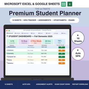 Könnte beinhalten: Ein digitaler Studentenplaner für Microsoft Excel und Google Sheets mit dem Titel The Ultimate Premium Student Planner. Die Benutzeroberfläche zeigt ein Dashboard für das Herbstsemester 2025 mit GPA-Tracker, Aufgabenliste und Lerngewohnheiten.