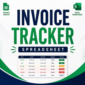 Könnte beinhalten: Eine Rechnungstracker-Tabellenvorlage mit dem fetten Text INVOICE TRACKER SPREADSHEET. Sie enthält Symbole für Google Sheets und Excel-Kompatibilität. Eine Mustertabelle zeigt Spalten für Rechnungsnummer, Kunde, Fälligkeitsdatum, Betrag und Status.