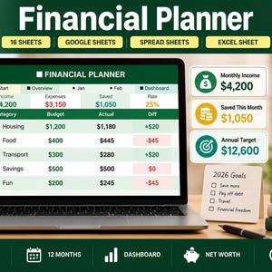Könnte beinhalten: Ein digitaler Finanzplaner auf einem Laptop-Bildschirm mit Kategorien für Einnahmen, Ausgaben und Ersparnisse. Enthält Textbeschriftungen für Budgetverfolgung, 12-Monats-Planung und eine Liste mit Zielen für 2026 auf einem Notizblock.